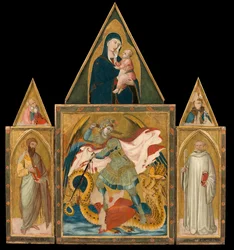 Polyptiek van de abdij van Rofeno: de aartsengel Michaël doodt de draak tussen de heiligen Bartholomeüs